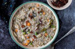 Bowl of kuttu ki khichadi with boiled potatoes and roasted peanuts, a Navratri vrat recipe from Indian Foods.