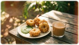 Golden fried sabudana vada patties served with green chutney and yogurt, a Maharashtrian fasting snack from Indian Foods