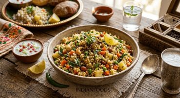 Bowl of cooked fluffy samak rice (vrat ke chawal) garnished with peanuts and curry leaves, Indian Foods vrat recipe.