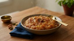 A bowl of glossy Singhare Atta Halwa garnished with almonds, cashews, and raisins, served as a Navratri vrat dessert on Indian Foods.