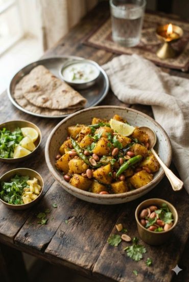 Vrat ke aloo with cumin, green chillies and coriander in a steel kadhai