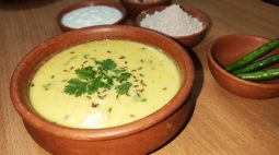 Bowl of vrat ki kadhi made with singhare ka atta, sour curd, and ghee tempering, an Indian Foods fasting recipe for Navratri.