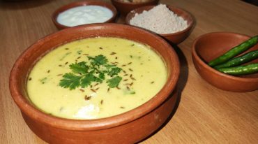 Bowl of vrat ki kadhi made with singhare ka atta, sour curd, and ghee tempering, an Indian Foods fasting recipe for Navratri.